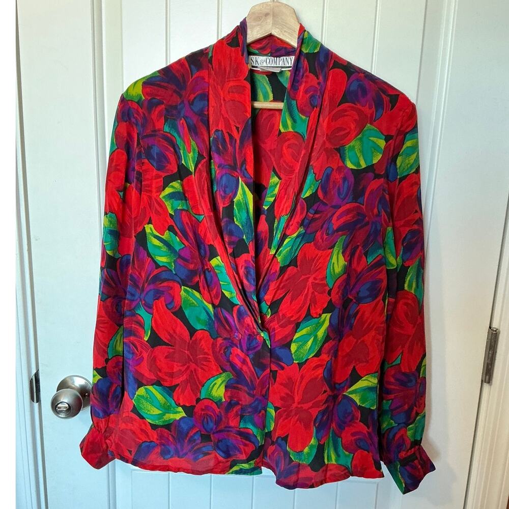 Vintage SK&Company 100% Silk Floral Blouse W6 Red/Green